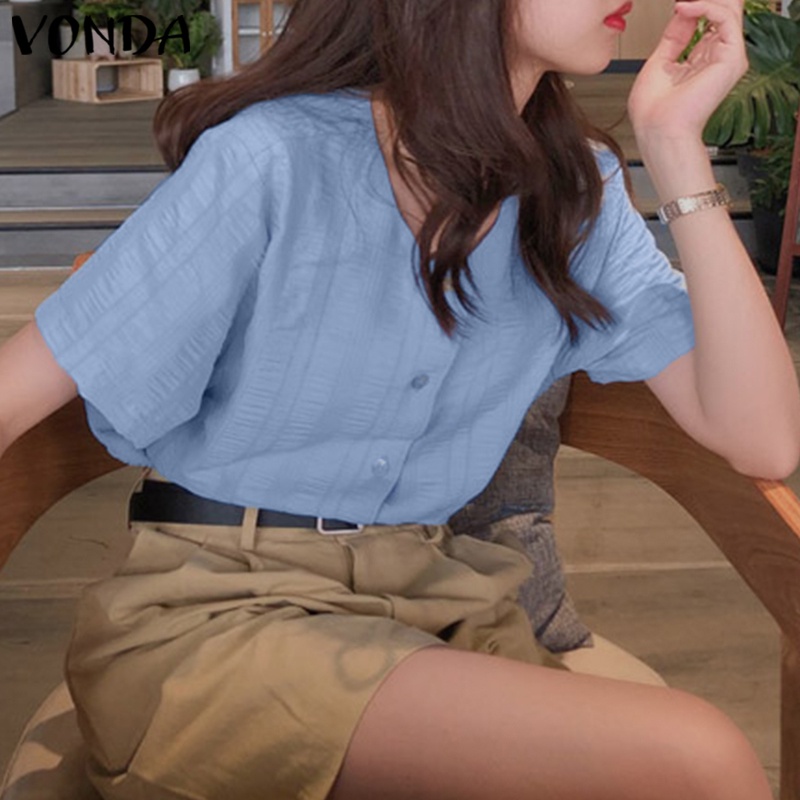 Áo kiểu VONDA tay ngắn cổ tròn màu trơn cài nút phong cách Hàn Quốc thời trang cho nữ