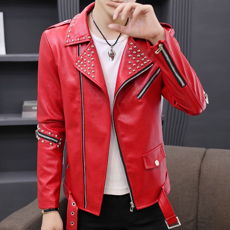 Áo Khoác Da Dáng Ôm Đính Đinh Tán Phong Cách Hàn Quốc Thời Trang Xuân Thu Cho Nam