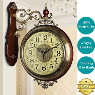 Decor đẹp - Đồng hồ treo tường 2 mặt, đồng hồ tân cổ điển Châu Âu, khung gỗ sồi, mặt kính sáng bóng sang trọng