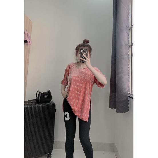 Set Bộ Áo Phông Nhung Quần Gân Ôm Dài