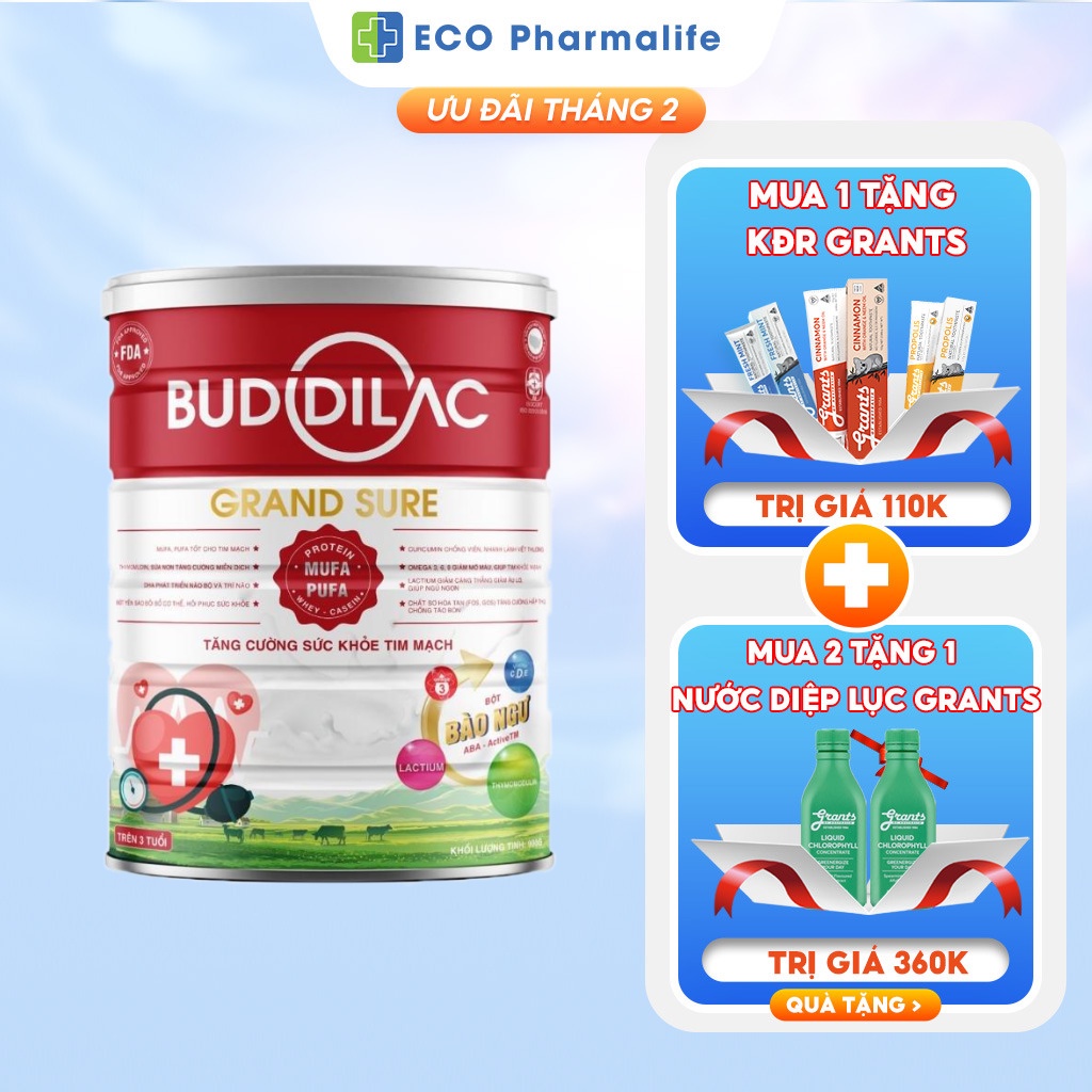 Sữa Bột BUDDILAC Grand Sure Hộp 900g Cho Người Tim Mạch, Hỗ Trợ Giảm Cholesterol Tăng Cường Sức Khỏe