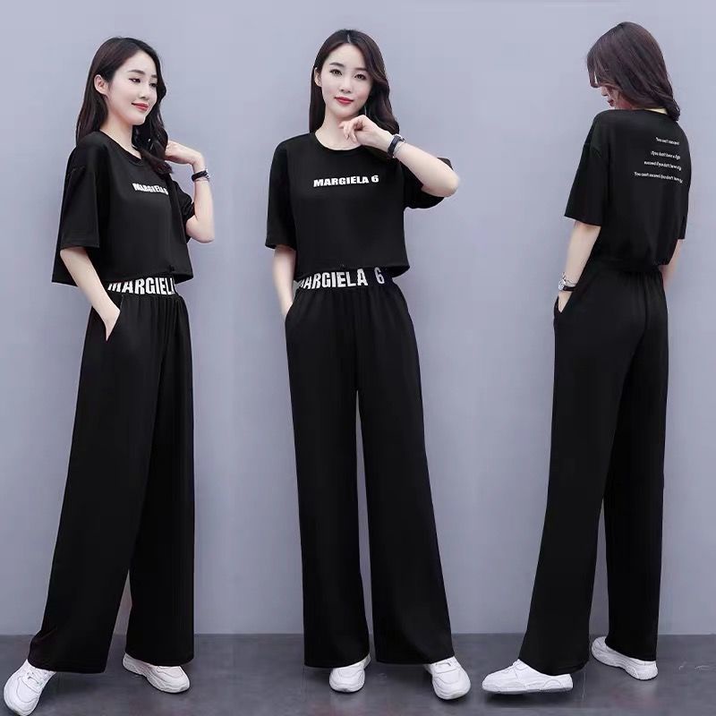 Set Áo Thun Ngắn Tay Form Rộng Và Quần Dài Ống Rộng Thời Trang Dành Cho Nữ
