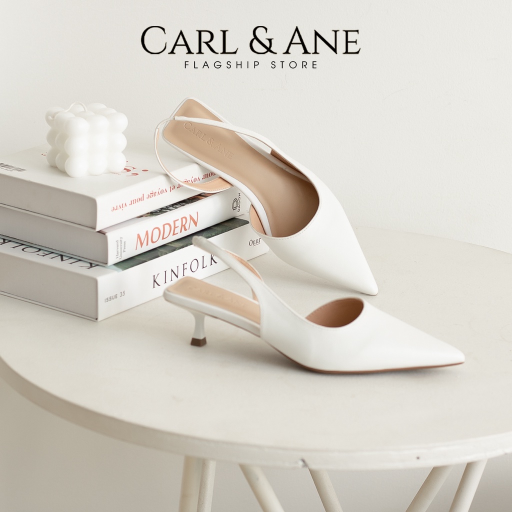 Carl & Ane - Giày cao gót nữ dáng Slingback mũi nhọn phong cách thanh lịch màu trắng - CL037