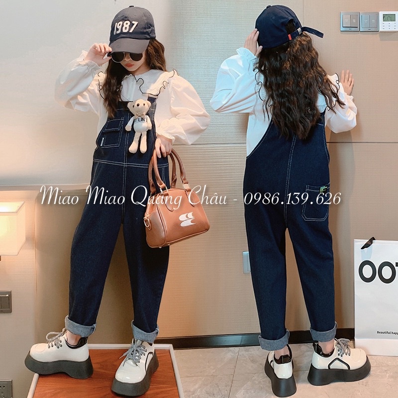 Set yếm bò + áo sơ mi bánh bèo cho bé gái size đại 5 đến 18 tuổi