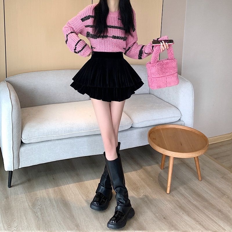 Chân Váy Nhung Xếp Tầng Lưng Cao Thời Trang Hàn Quốc