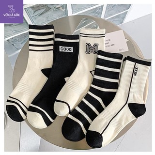 Tất vớ trắng đen basic cổ cao thể thao chữ M phong cách unisex Hàn quốc