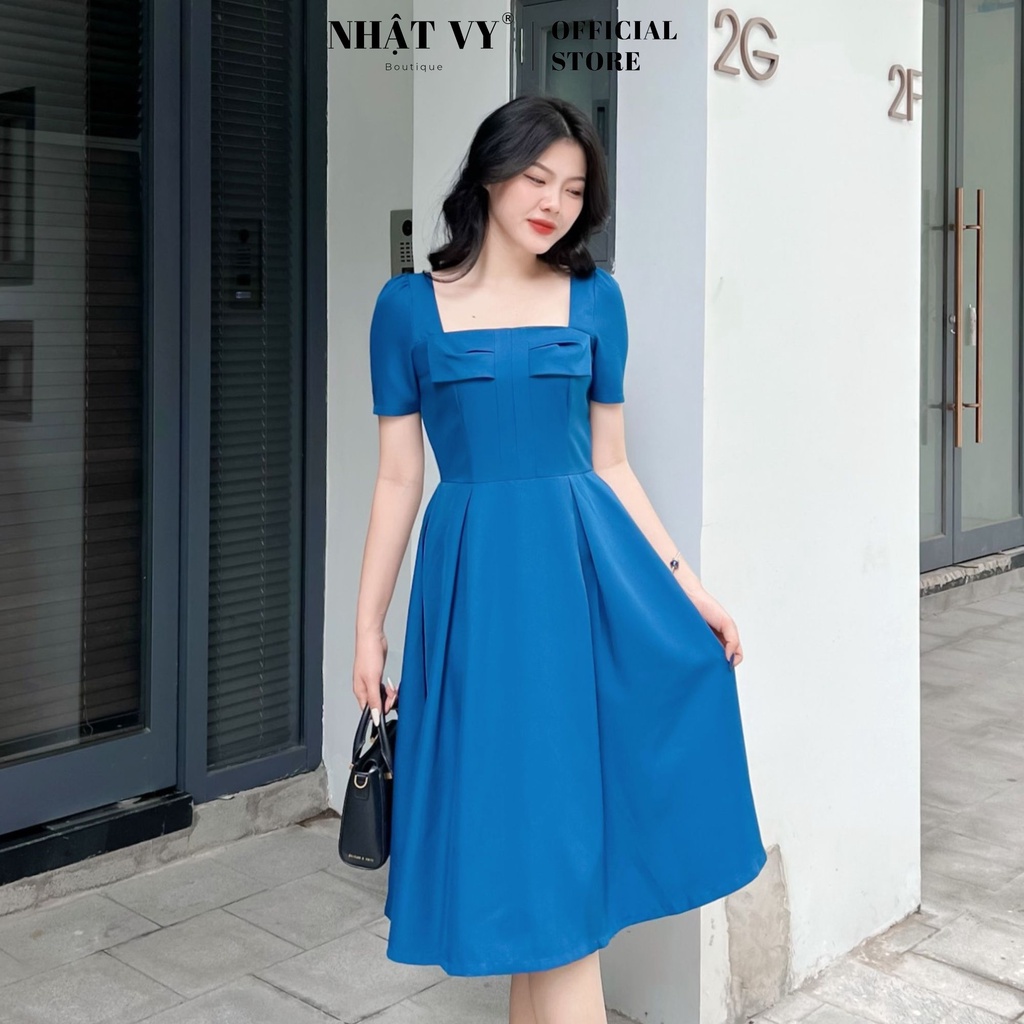 Đầm dự tiệc Nhật Vy tay ngắn cổ vuông ngực đính nơ cách điệu dáng xoè xếp ly chất lụa phù hợp công sở đi chơi - D2587