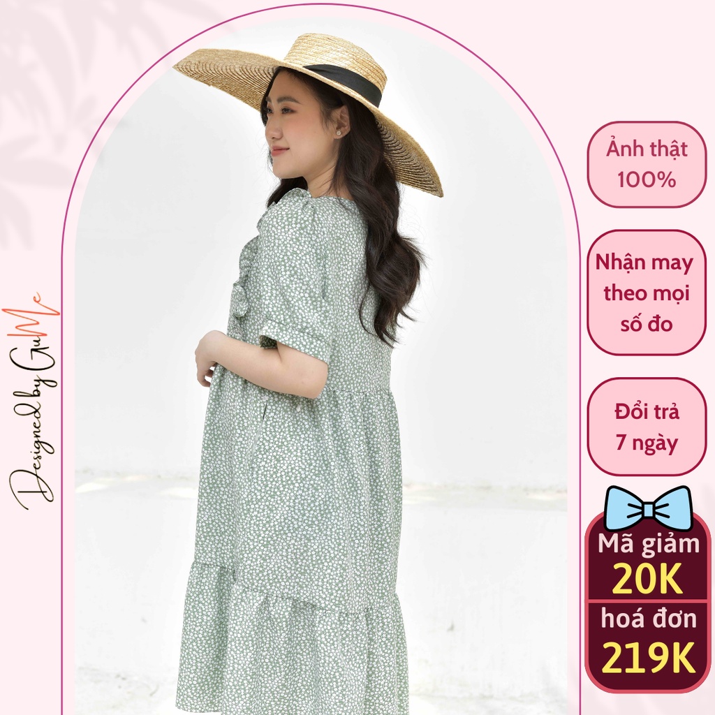Váy bầu bigsize thiết kế GuMe dáng babydoll 3 tầng tay bo chất vải đũi hàn hoa nhí dễ thương sz từ 40-100kg GM018