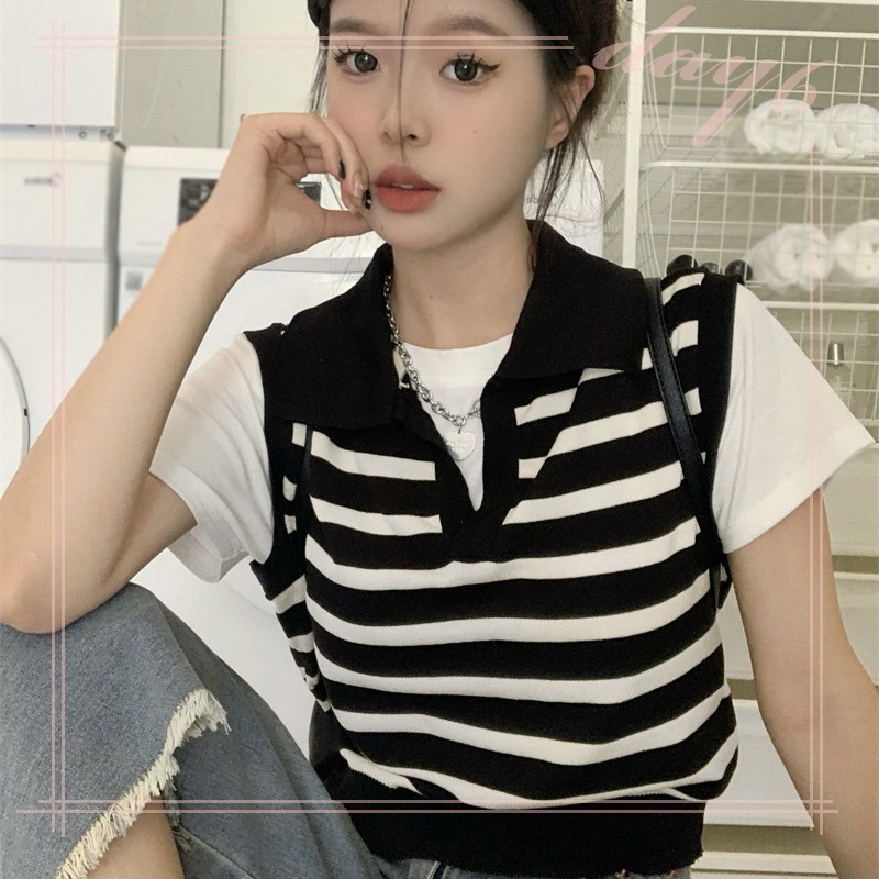 1 Áo Croptop Dệt Kim Sát Nách Họa Tiết Kẻ Sọc Thời Trang Hàn Quốc Cho Nữ