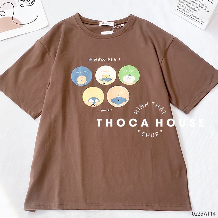 Áo thun cotton phông rộng unisex in hình Newpin THOCA HOUSE nhiều màu, dễ thương xinh xắn dễ phối