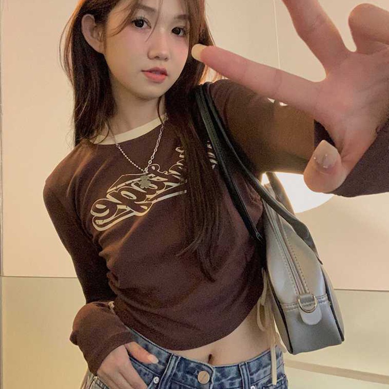 IELGYÁo Thun Tay Dài Dáng Ôm In Chữ Thời Trang Cho Nữ