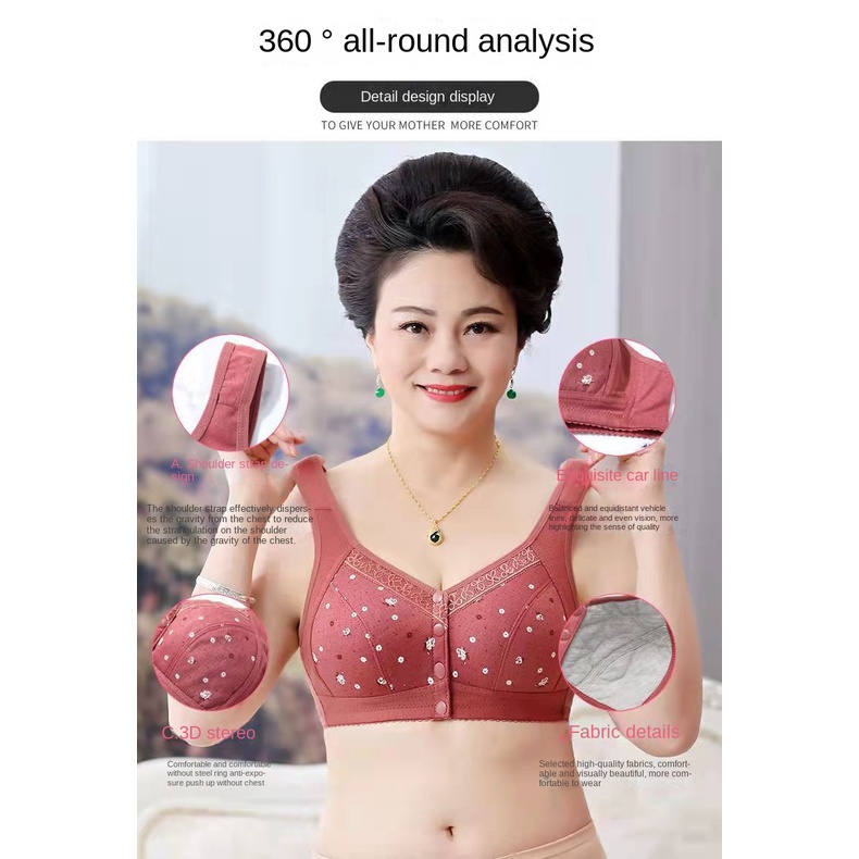 Áo Ngực Cotton Không Gọng Cài Nút Phía Trước In Họa Tiết Viền Ren Cỡ Lớn Thời Trang