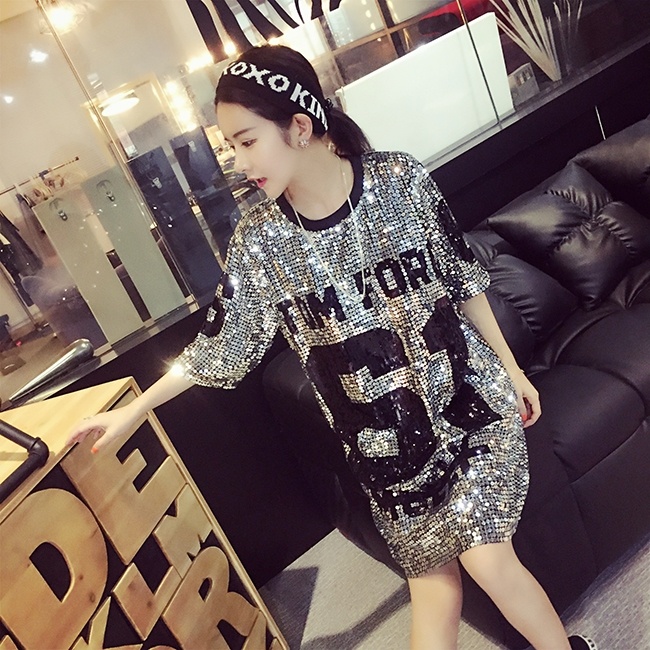 Đầm Thun Dáng Dài Rộng Tay Ngắn Đính Kim Sa Lấp Lánh Phong Cách Châu Âu Thời Trang Mùa Hè Hàng Mới Dành Cho Bạn Nữ
