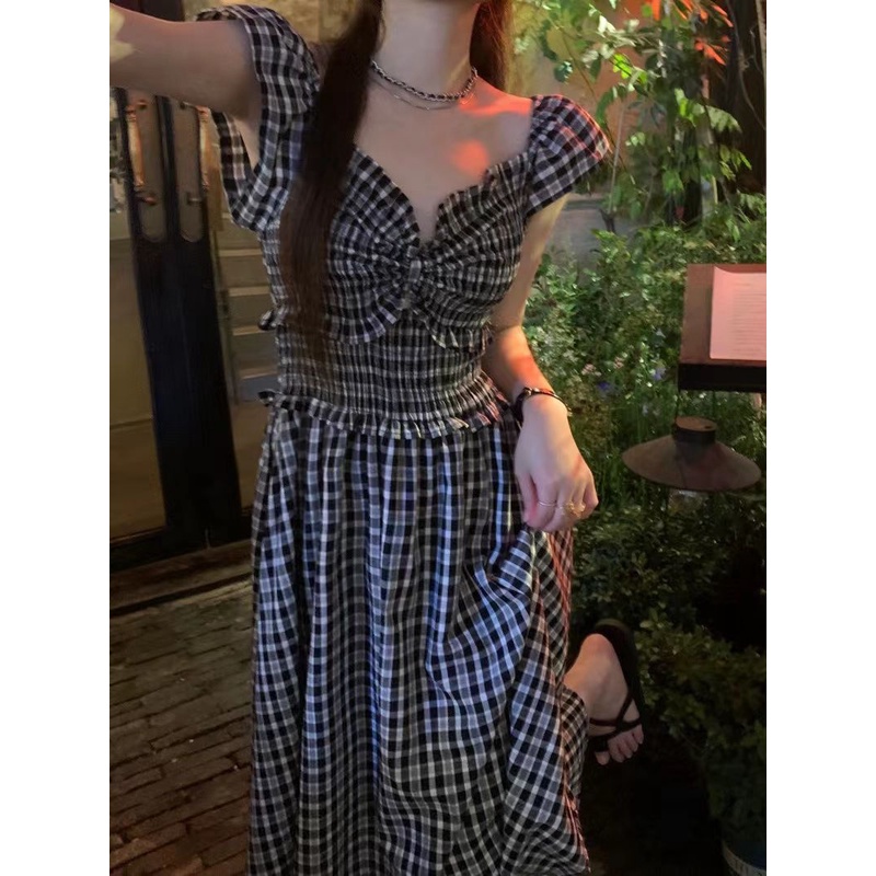 COZOK Đầm Ngắn Tay Cổ Chữ V Phối Bèo Họa Tiết Caro Nữ Tính