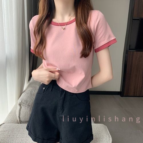 Áo Thun Ngắn Tay Cổ Tròn Dáng Ôm Phối Màu Tương Phản Thời Trang Xuân Hè Hàn Quốc 2023 Cho Nữ