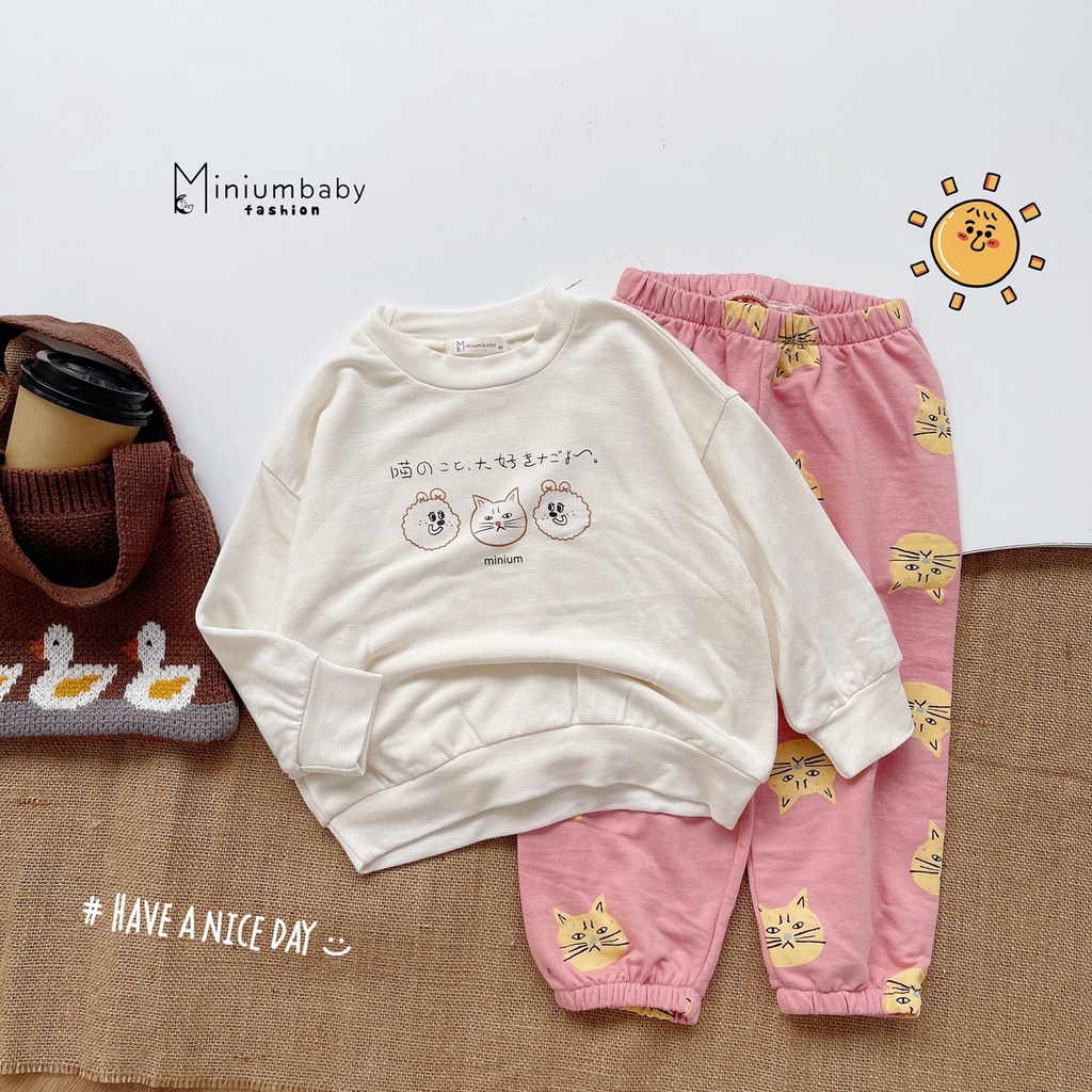 [Mã INBAU30 giảm 30K đơn 199K] Bộ dài tay họa tiết đáng yêu cho bé gái MiniumBaby, set đồ cotton thu dông trẻ em, SB1353
