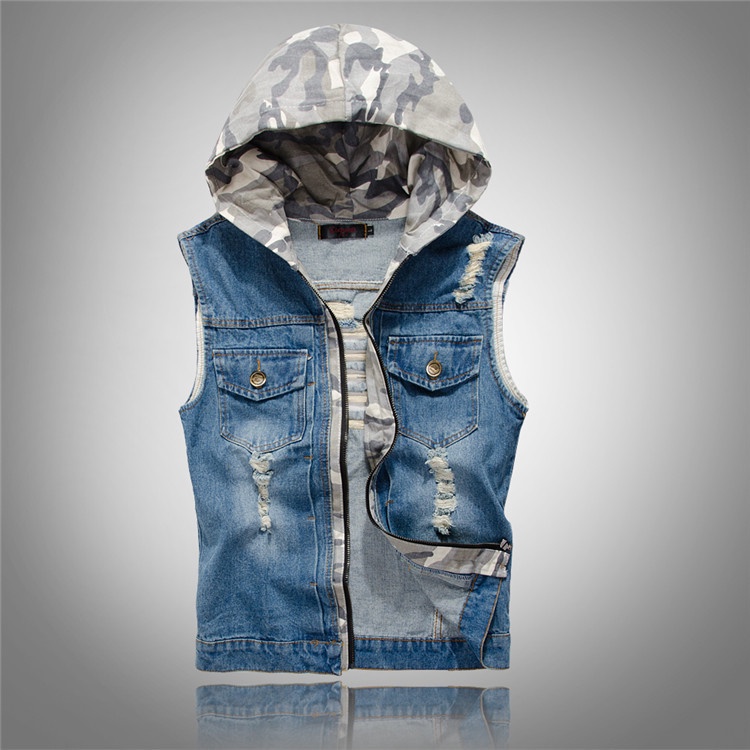 Áo Khoác Denim Không Tay Có Nón Họa Tiết Rằn Ri Thời Trang Hàn Quốc Mới Cho Nam
