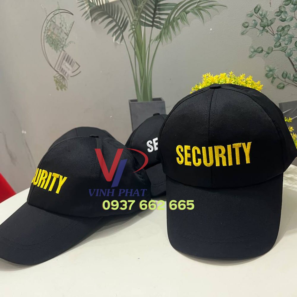 Nón kết bảo vệ thêu chữ security màu vàng, trắng vải kaki bền đẹp hàng sẵn giá rẻ