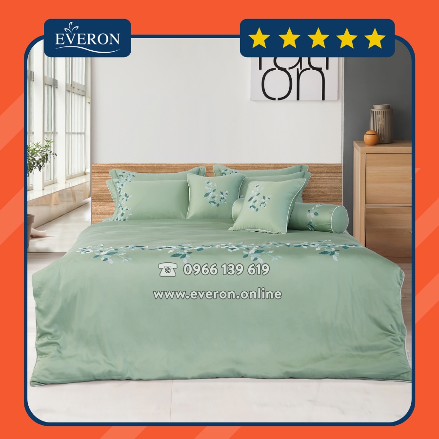 Bộ Chăn Ga Everon EST23037 Màu Xanh, Chất Liệu Tencel Chính Hãng