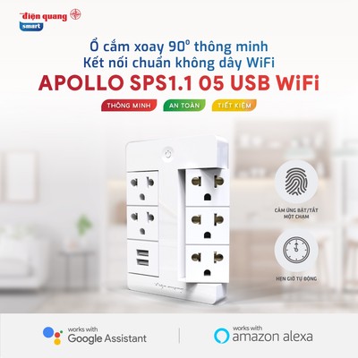 Ổ cắm Xoay 90° Thông Minh Điện Quang Apollo ĐQ SPS1.1 05 USB WiFi - điều khiển bằng giọng nói, tiết kiệm không gian
