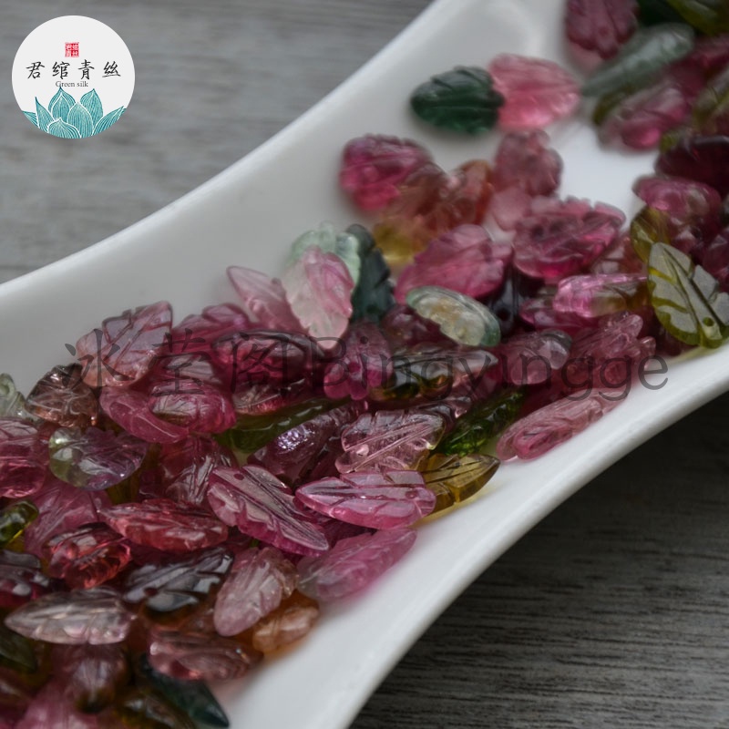 Bingyingge Pha lê tourmaline tự nhiên nguyên chất chạm khắc bằng tay lá rơi rời hạt tự làm chất liệu Hanfu phụ kiện DIY