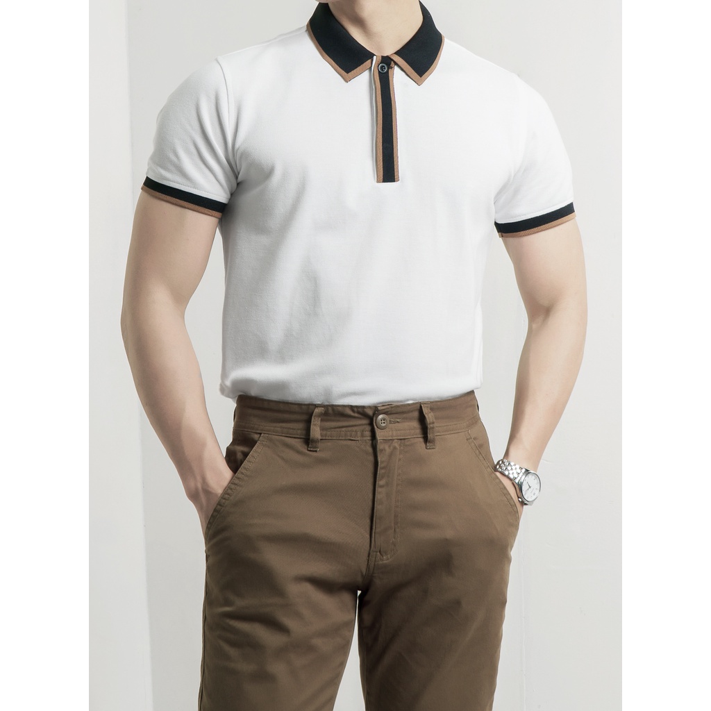 Áo Polo Nam Ceffylo Cộc Tay Phối Nẹp Màu Trắng Chất Liệu Cotton Thoáng Mát Trẻ Trung Form Slimfit Thời Trang Nam