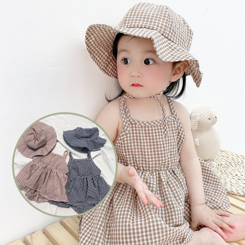 Áo Liền Quần Dạng Đầm Hai Dây Có Nón Họa Tiết Caro Phong Cách Hàn Quốc Cho Bé Gái