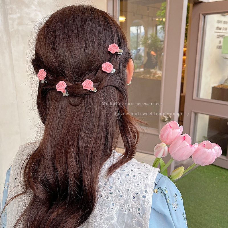 Kẹp Tóc Bện Tạo Hình Hoa Hồng Đào Dễ Thương Cho Nữ