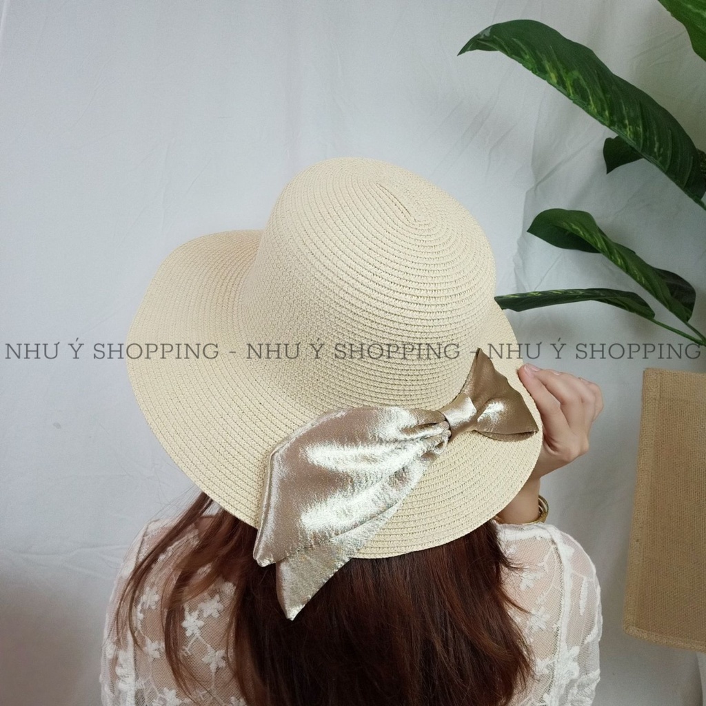 Nón cói, Mũ cói đi biển cho nữ, chất liệu mũ cói mềm phối nơ lụa to(hình chụp thật) -Q12-nơ lụa - NHƯ Ý