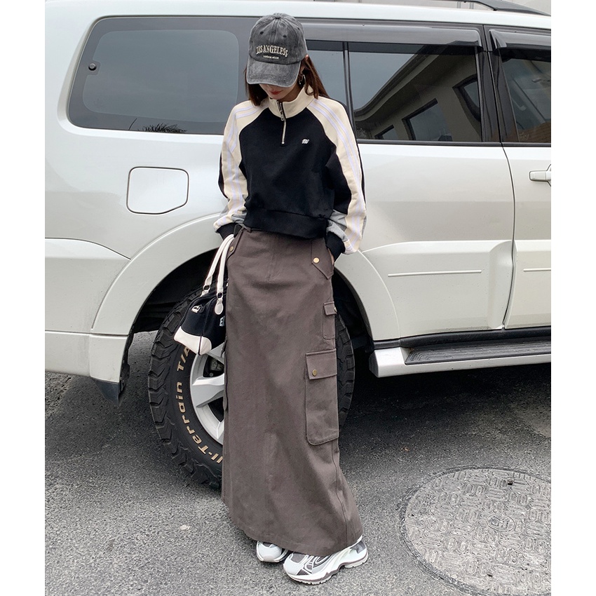 Chân Váy Dài Dáng Chữ a Lưng Cao Màu Sắc Đơn Giản Phong Cách Retro Hàn Quốc