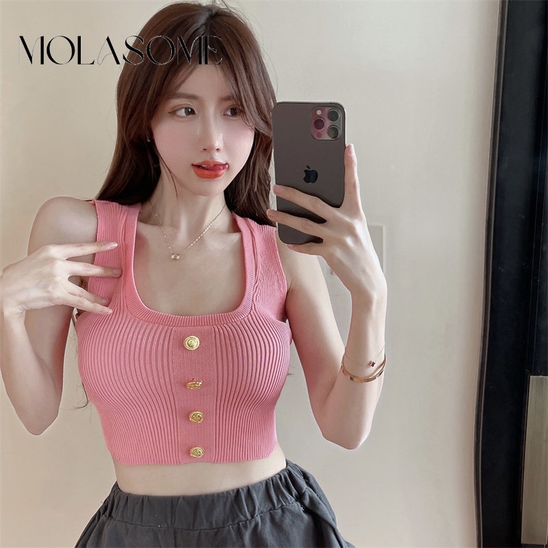 Áo Tank Top Dệt Kim Không Tay Cổ Yếm Màu Sắc Trơn Thời Trang 2023 Dành Cho Nữ