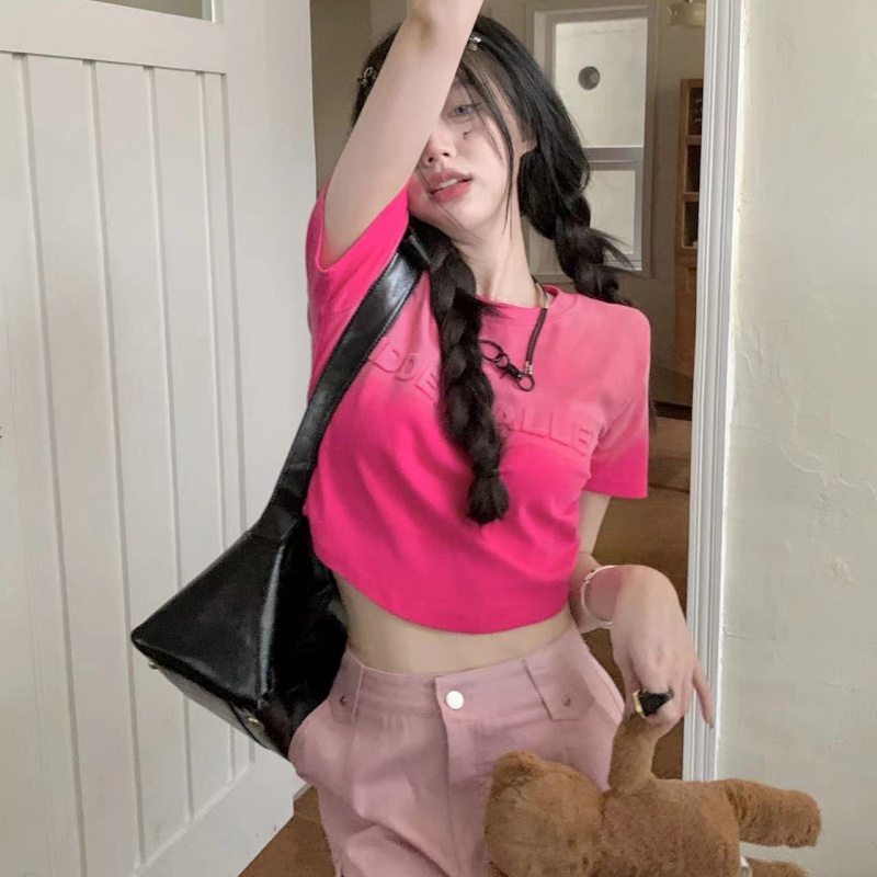 IELGY  Áo Thun Tay Ngắn Nhuộm Màu Loang In Chữ Phong Cách Mỹ Cổ Điển Thời Trang Cho Nữ