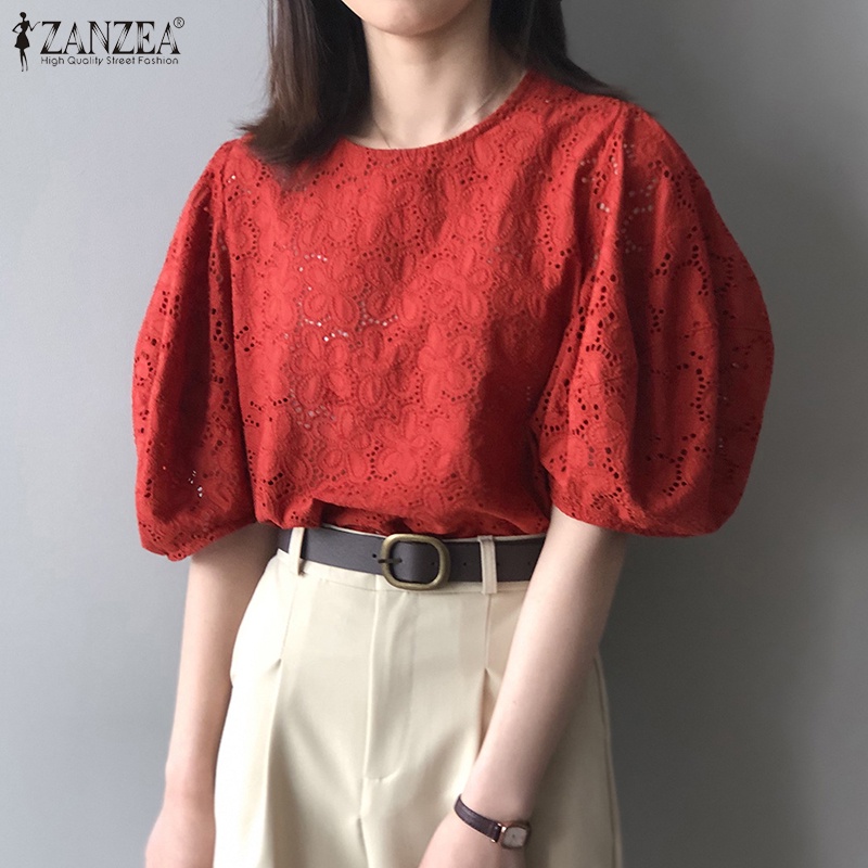 Áo kiểu ZANZEA tay ngắn phồng cổ tròn thêu họa tiết thời trang cho nữ