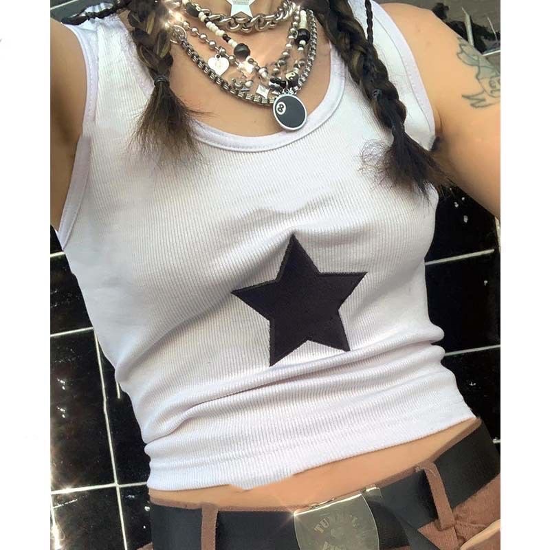 Áo croptop 3 lỗ áo tanktop màu trắng in hoạ tiết ngôi sao kèm ảnh thật thời trang nữ Famos