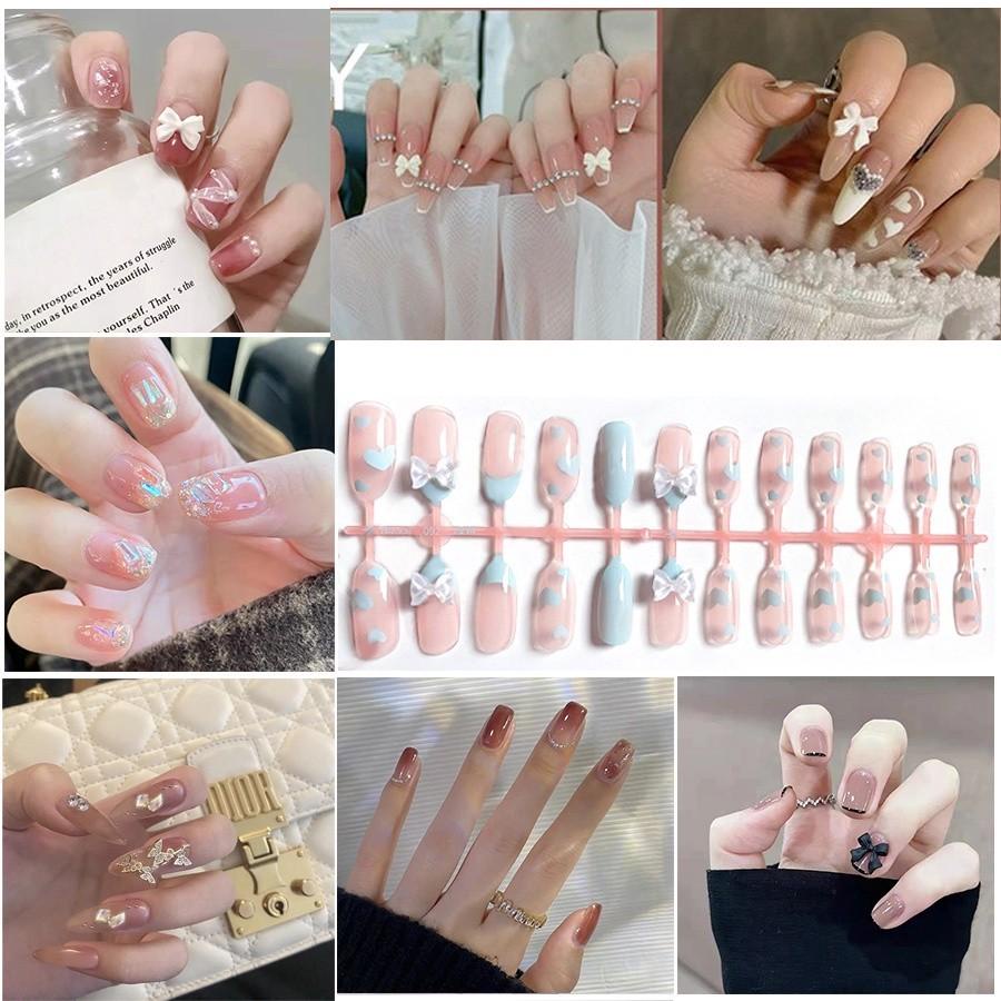 (Có charm, không hộp, tặng miếng dán, dũa) Bộ 24 Móng Tay Giả Họa Tiết Đáng Yêu Kèm Miếng Dán Thời Trang Cho Nữ
