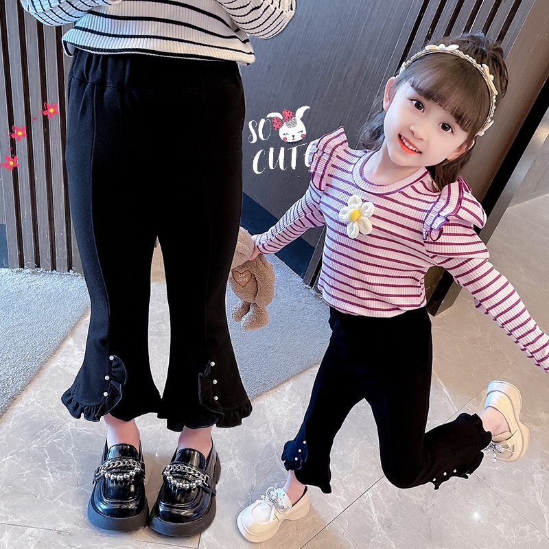 Quần Dài Ống Loe Ôm Dáng Phối Ren Đính Ngọc Trai Giả Kiểu Phương Tây Xinh Xắn Cho Bé Gái