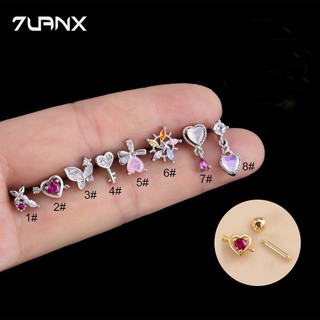 7uanX 1 Khuyên Xỏ Sụn Tai Hai Đầu Đính Đá Zircon Hình Hoa / Bướm Màu Hồng 16Gauge
