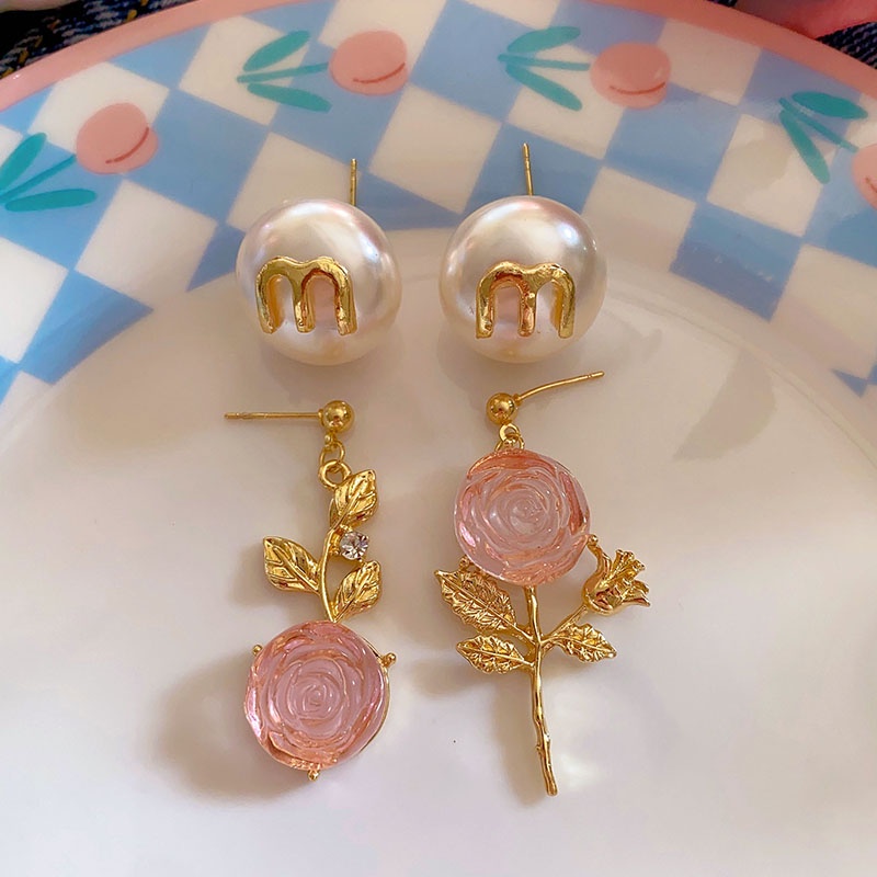 Khuyên Tai Nơ Hồng Đính Hạt Ngọc Trai Phong Cách Hàn Quốc Kiểu Mới Mùa Hè