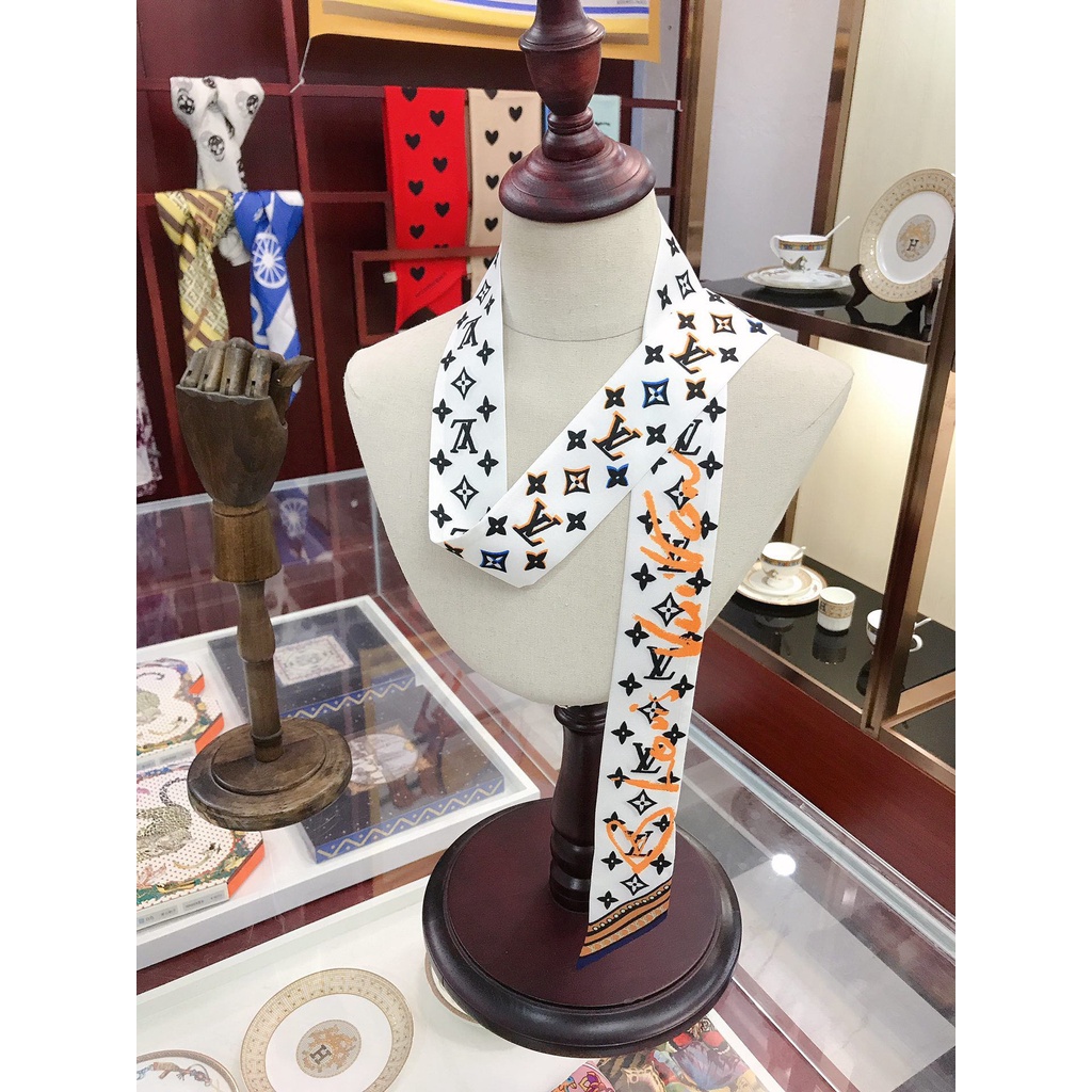 Khăn quàng cổ / ruy băng quấn tay cầm túi xách / băng đô bằng lụa in chữ L thời trang thương hiệu cho nữ