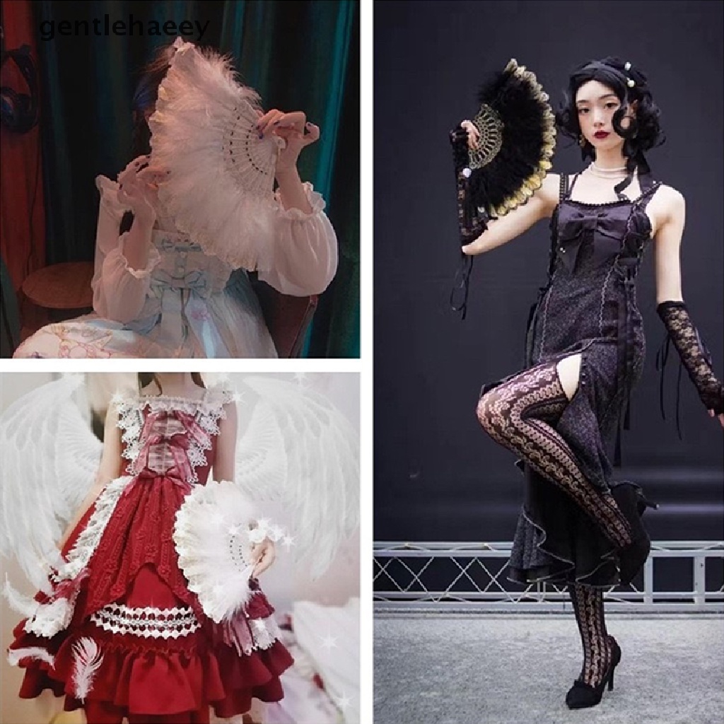 Quạt Xếp Cầm Tay Đính Lông Vũ Phong Cách Lolita Nhật Bản