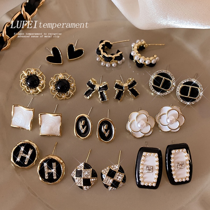 Bông Tai Bạc 925 Hình Hoa Trắng Đen Phong Cách Retro Thời Trang 2023 Dành Cho Nữ