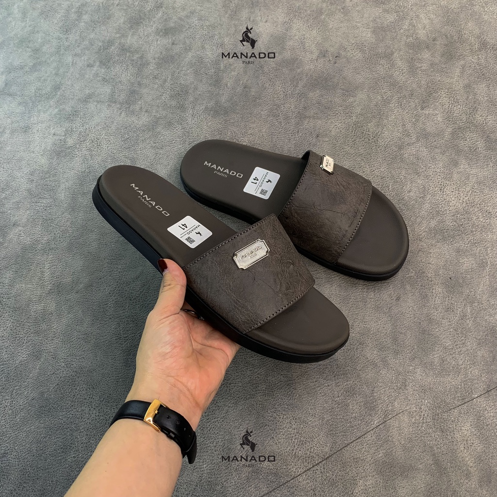 Dép da nam quai ngang cao cấp Manado Mã MND12 màu xám fullbox, quai da mềm mại, đế cao su thiết kế chắc chắn