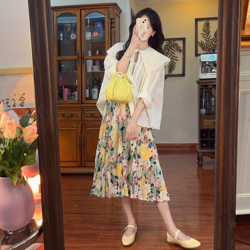 Set Áo Sơ Mi Cổ Bẻ + Chân Váy Hoa Lưng Cao Phong Cách Retro Pháp Mới