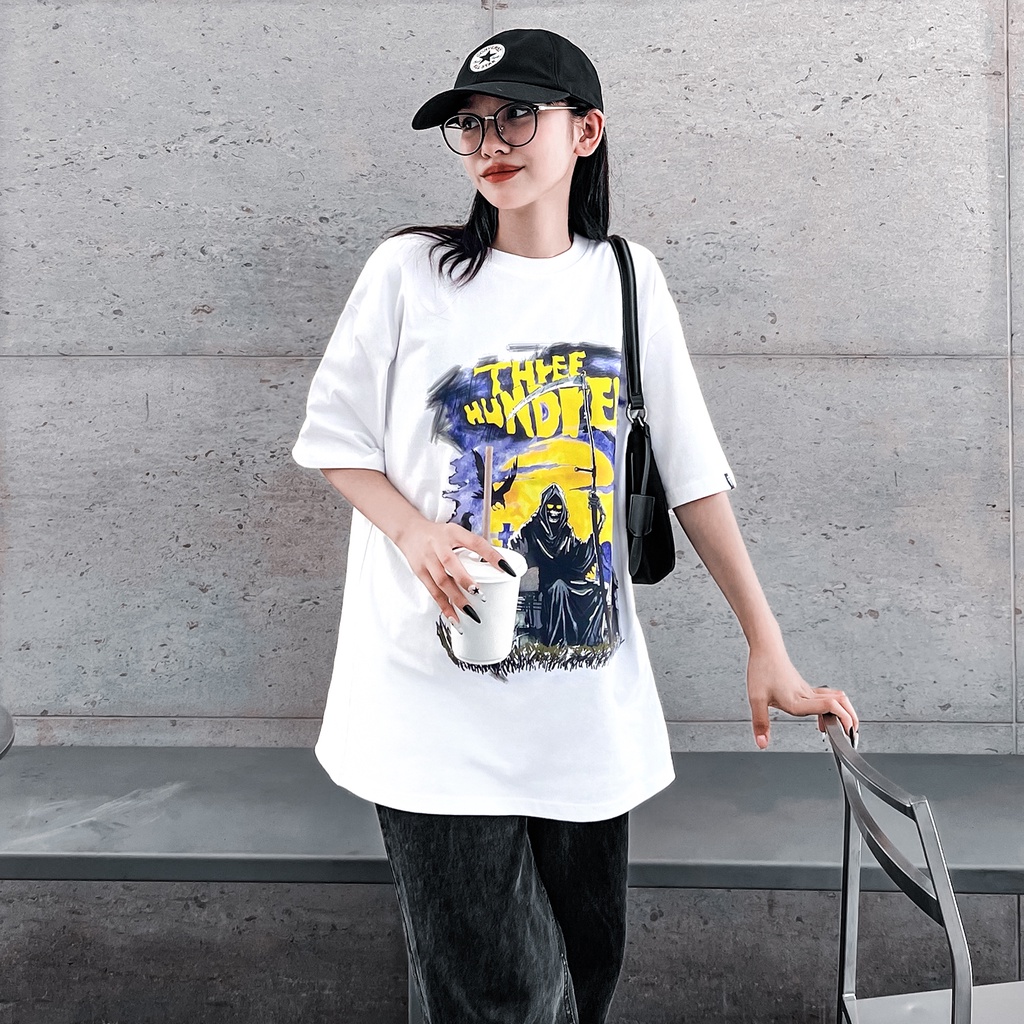 Áo Thun Rock'n Roll Màu Trắng In Hình Chất Liệu 100% Cotton Thoáng Mát Form Rộng Thoải Mái