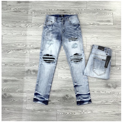 Quần jean bò nam slimfit wash xanh khói rách xước chỉ đùi gối vá vải nhăn đen phối ống loang sóng hót 2023