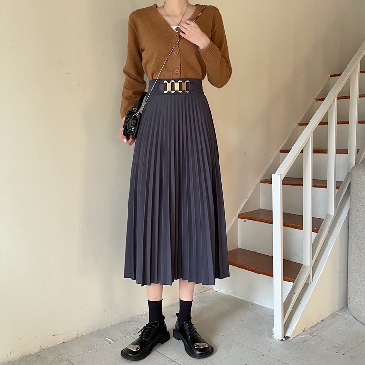 Chân Váy Chữ a Xếp Ly Lưng Cao Màu Trơn Phối Khóa Kim Loại Thời Trang Mùa Xuân Phong Cách Hàn Quốc Cho Nữ