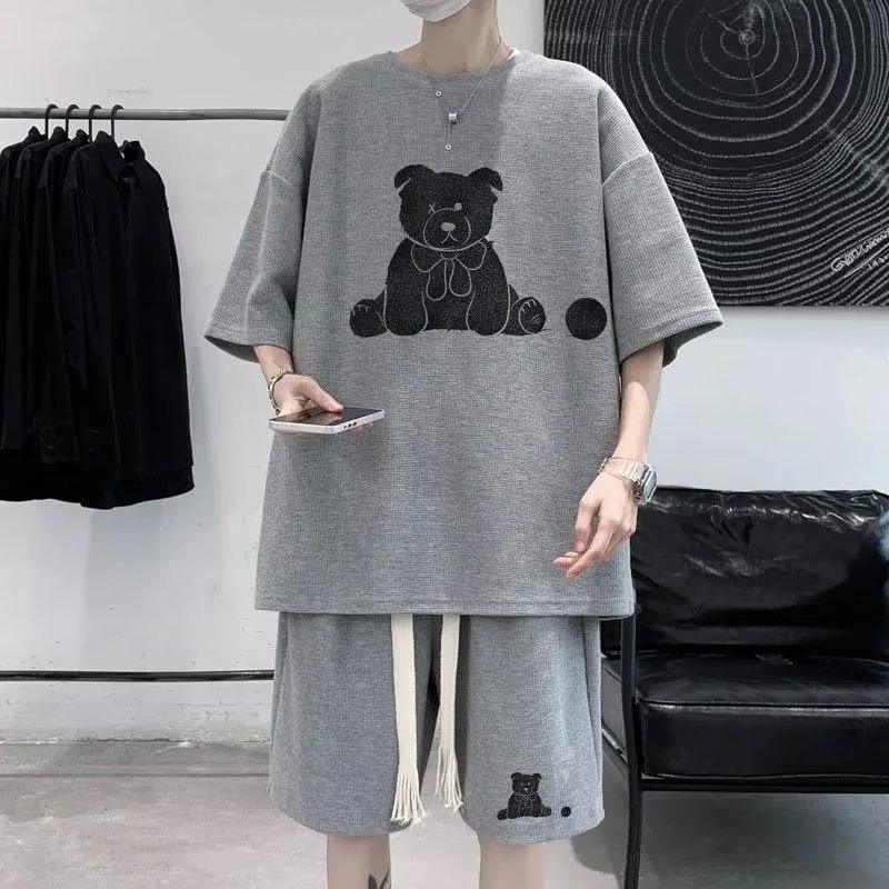 Set Đồ Nam Thời Trang Dáng Rộng bộ quần áo nam In Họa Tiết Chú Gấu Đơn Giản đồ bộ thể thao nữ Cá Tính Phong Cách Hàn Quốc đồ bộ nam