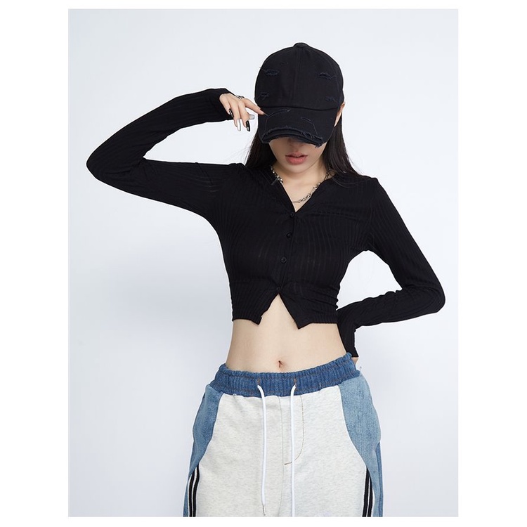 COZOK Áo Thun Tay Dài Hở Vai Màu Đen Phong Cách Quyến Rũ