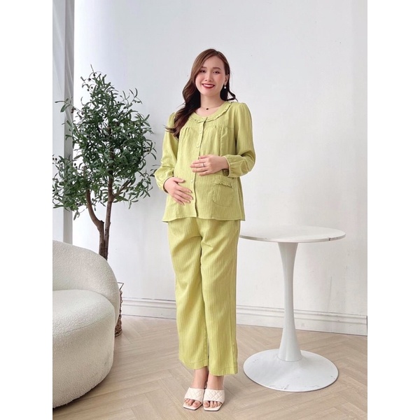 Bộ bầu sau sinh 2 màu xanh và cam, bộ có khoá ngực tiện lợi cho co ti-chất đũi gân xinh xắn