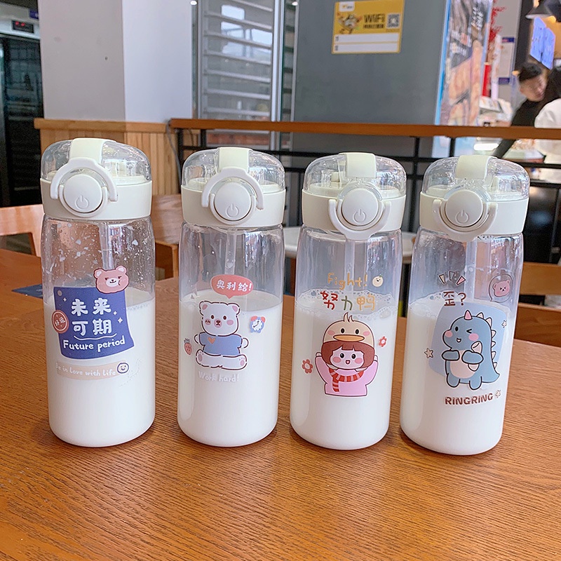 Bình Nước 400ml Mini Dễ Thương Thân Thiện Với Môi Trường Có Nắp Và Ống Hút Cho Trẻ Em